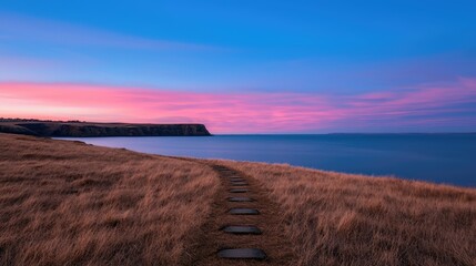 Obraz premium A trail of footsteps leading to a distant horizon, symbolizing life's journey and continuous effort