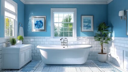 Fototapeta premium Bright and Airy Bathroom with Bathtub and Blue Accents