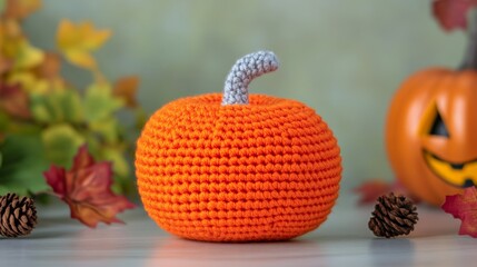 Soft orange crochet pumpkin with detailed stitching placed in a fall-themed display cozy crafting 