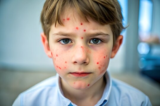 Pimple on face of child boy, facial skin problem. Allergic redness, spot with inflammation, dermatitis on cheek. Squeeze out pimples, acne. Medical care, treatment concept