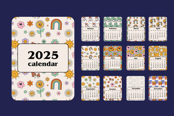 Cartoon cool calendar in 70s style for each month. Cute retro characters flowers, sun, stars. Hippie style2025 calendar with Retro stickers design Calendar planner minimal style annual organizer Vecto