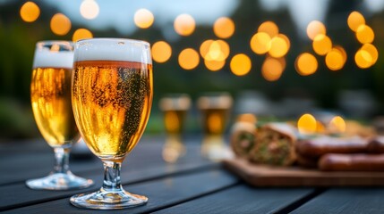 Table filled with German beer varieties and bratwurst under string lights cozy beer garden atmosphere 