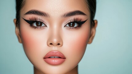 Thai beauty look with dramatic winged eyeliner and soft pink lipstick paired with glowing highlighter isolated on white 