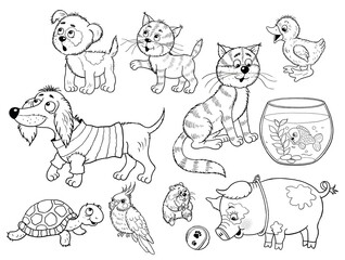 Our favorite pets. Set of cute and funny pets - puppy, dog, cat, kitten, piglet, aquarium fish, tortoise, duckling and parrot. Coloring page. Illustration for children. 