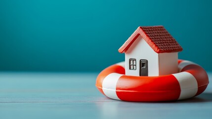 Tiny house figurine inside a lifebuoy symbolizing home insurance and emergency protection  - Powered by Adobe