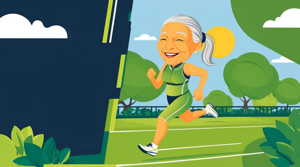 Fototapeta premium Cartoon active elderly woman jogging in the park in summer , flat design illustration