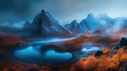 A breathtaking view reveals a tranquil lake reflecting the blue sky, flanked by rugged mountains and vivid autumn colors, creating a serene atmosphere at dawn