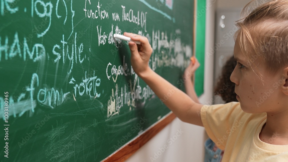 Poster diverse student studying coding engineering prompt while writing answer on blackboard. intelligence 