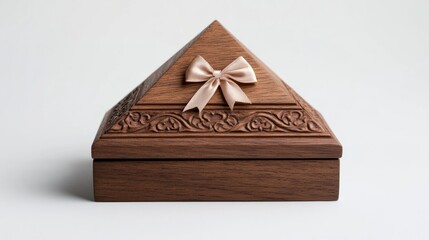 Triangular wooden gift box with hand-carved details and a satin bow isolated on a white background 