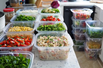 Obraz premium A large assortment of food in plastic containers, including salads, generative ai image