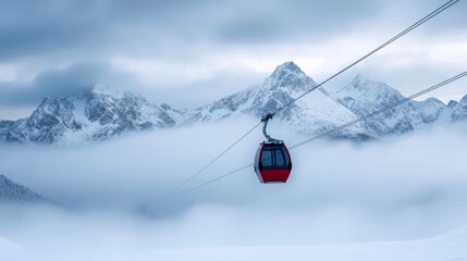 Winter resort gondola ascending into misty mountain peaks surrounded by snow breathtaking views 
