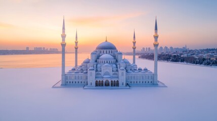 Obraz premium Wintery aerial shot of the Blue Mosque in Istanbul, surrounded by a light layer of snow, soft golden light from the sky 