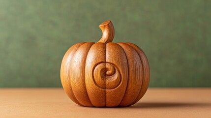 Wooden pumpkin with intricate spiral carvings and a natural finish, isolated on a warm earthy-toned background 
