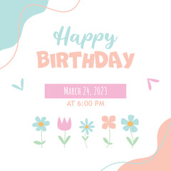 Happy Birthday card with floral wreath. Vector Illustration