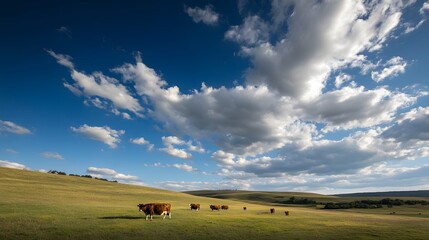 Obraz premium Spotted Cows Grazing in the Vast Field under the Blue Sky with Clouds, Standard Background, Wallpaper, Cover and Screen for Smartphone, PC, Laptop, 9:16 and 16:9 Format