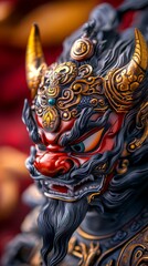 A detailed, vibrant figure of a mythical creature adorned with intricate designs