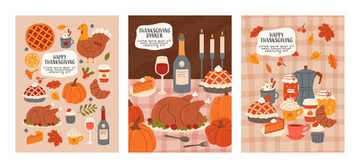 Set Thanksgiving day greeting card. Harvest festive elements, family dinner or lunch. Hand drawn template design. Vector flat illustration for holiday print, poster, banner, ads, cover.