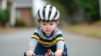 Obraz premium A child wearing a white helmet learning to ride a bike, falling and getting back up, symbolizing perseverance and growth