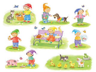 Seven cute and funny gnomes with their favorite pets. Cat, kittens, dog, piglet, tortoise, parrot and fish. Illustration for children. Poster. Character design. Cute and funny cartoon characters