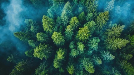 Obraz premium A captivating aerial perspective reveals a dense forest blanketed in mist, with vibrant green trees standing tall, depicting the serenity of nature at dawn