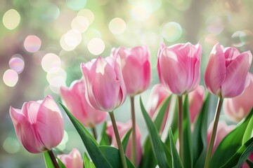 Fototapeta premium A bouquet of pink tulips with a pink background, generative ai image