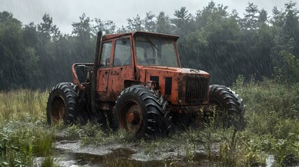 Naklejka premium an old, rusty red tractor sitting in a field during a rainstorm. The tractor appears to be weathered and unused, with large, muddy tires. It is surrounded by tall grass and puddles of water, indicatin