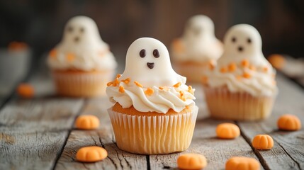Adorable ghost-themed cupcakes with white frosting and pumpkin sprinkles, ideal for Halloween dessert promotions, festive baking, and party food photography