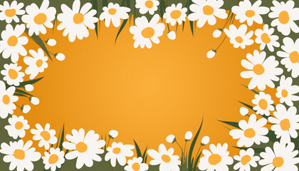 card template with a floral frame of daisies. Trendy banner, poster, flyer, label or cover in cute minimalistic style. bright color floral design template for advertising, promotion, design, etc.