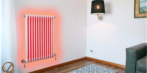 conceptual representation of a radiator that radiates heat and heats the living space, central heating and costs for energy supply