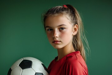 Determined teenage girl in sports attire, holding a soccer ball, looking focused. Portrait on solid...