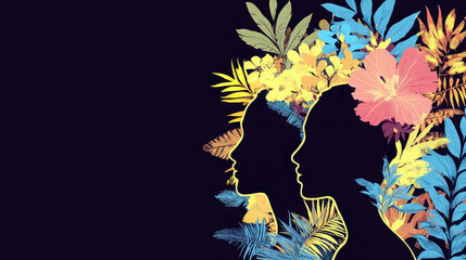 Female profiles surrounded by flowers on black background. World Anthropology Day. Horizontal banner. Free space for text. Anthropology background. Flat illustration. Darwin Day. Science Day