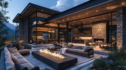Obraz premium Stunning Mountain Outdoor Living Area with Fire Table