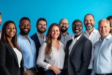 Fototapeta premium Energetic group of diverse professionals, smiling confidently. Portrait on solid blue background. Perfect for business solutions, teamwork training, office supplies.