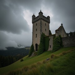 Naklejka premium Ruined Medieval Castle Ivy-Covered Walls Crumbling Towers amidst Dark Clouds Foggy Forest