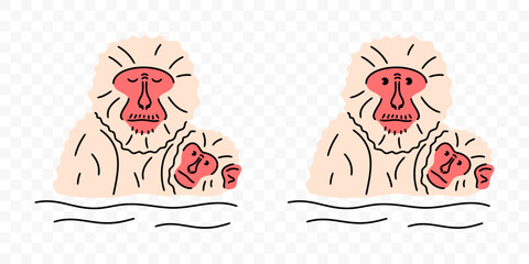 Fototapeta premium Japanese macaque with babies soak in hot spring, graphic design. Snow monkey bathing and soaking, primate and animal, vector design and illustration