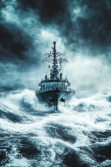 A powerful naval ship navigates through rough seas under a stormy sky, showcasing maritime strength and resilience.
