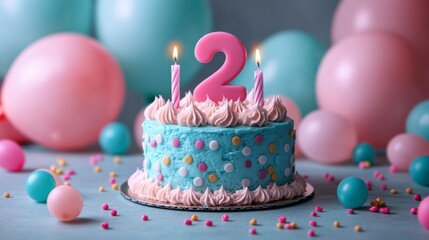 number 2 candle on a second year birthday cake celebration with balloons and party decoration as banner