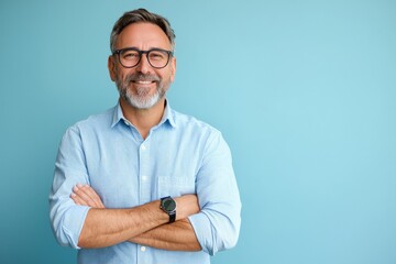 Gentle 50s male therapist with a reassuring smile, hands folded. Portrait on solid light blue background. Suitable for mental health services, counseling centers, wellness apps.