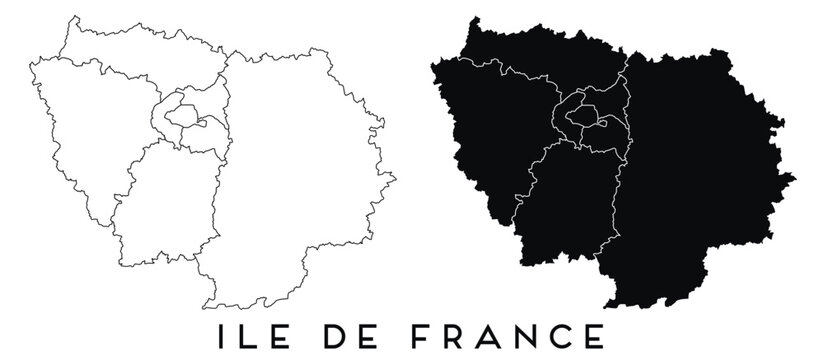 Ile de France map of regions districts vector black on white and outline	