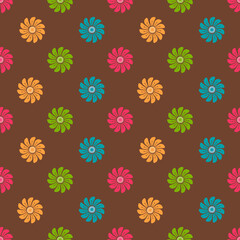 Rainbow colors seamless floral repeat pattern on brown background for graphic design