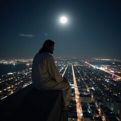 Fototapeta premium Breathtaking view Jesus on top of a lit-up cityscape gazing from a full moonlit skyscraper