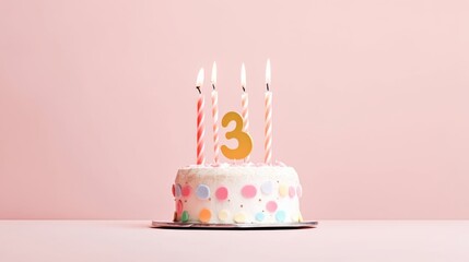 number 3 candle on a third year birthday cake celebration with balloons and party decoration as banner