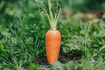 a single carrot partially embedded in the ground, surrounded by green foliage. The carrot is bright orange with leafy green tops extending upwards. The surrounding area is lush with green plants 