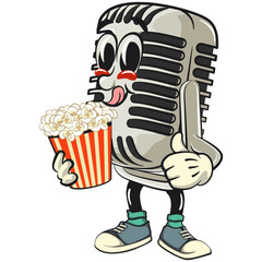 vintage microphone cartoon character mascot retro vector design brought a bucket of popcorn, work of hand drawn