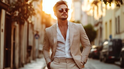 Handsome confident stylish hipster lambersexual model.Sexy modern man dressed in elegant beige suit. Fashion male posing in the street background in Europe city at sunset. In sunglasses 