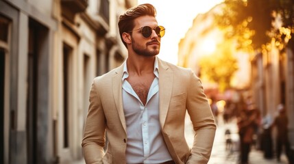 Fototapeta premium Handsome confident stylish hipster lambersexual model.Sexy modern man dressed in elegant beige suit. Fashion male posing in the street background in Europe city at sunset. In sunglasses 