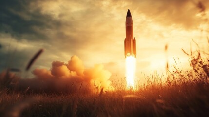 A rocket launches from a field, depicting themes of war, missile attacks, and nuclear threats. 