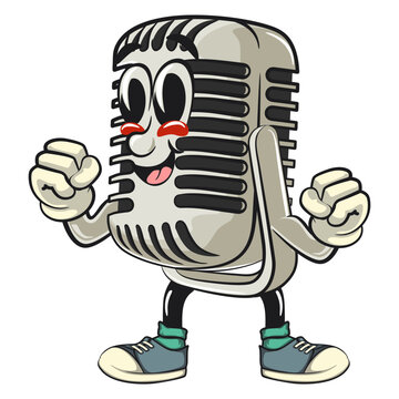 recommend clip art: vintage microphone cartoon character mascot retro vector design healthy and strong champion, work of hand drawn