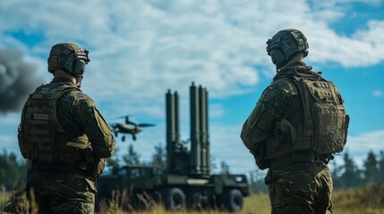 Fototapeta premium Air defense system with missile fire control post, soldiers defend against airborne threats like drones and missiles. 