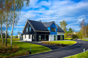 Fototapeta premium stunning new house with solar panels covering the roof.